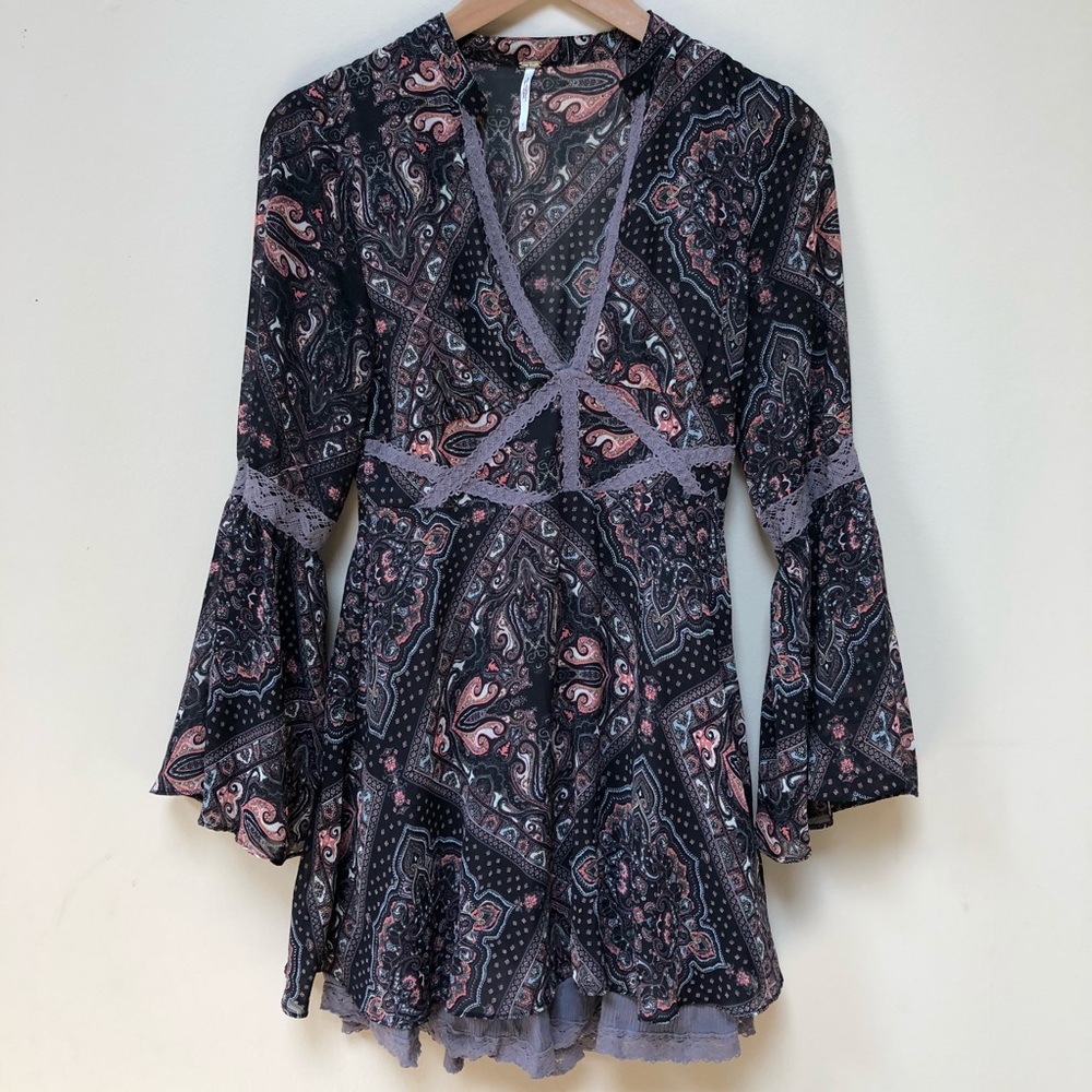 Free People Black Crochet Bell Long Sleeve Dress